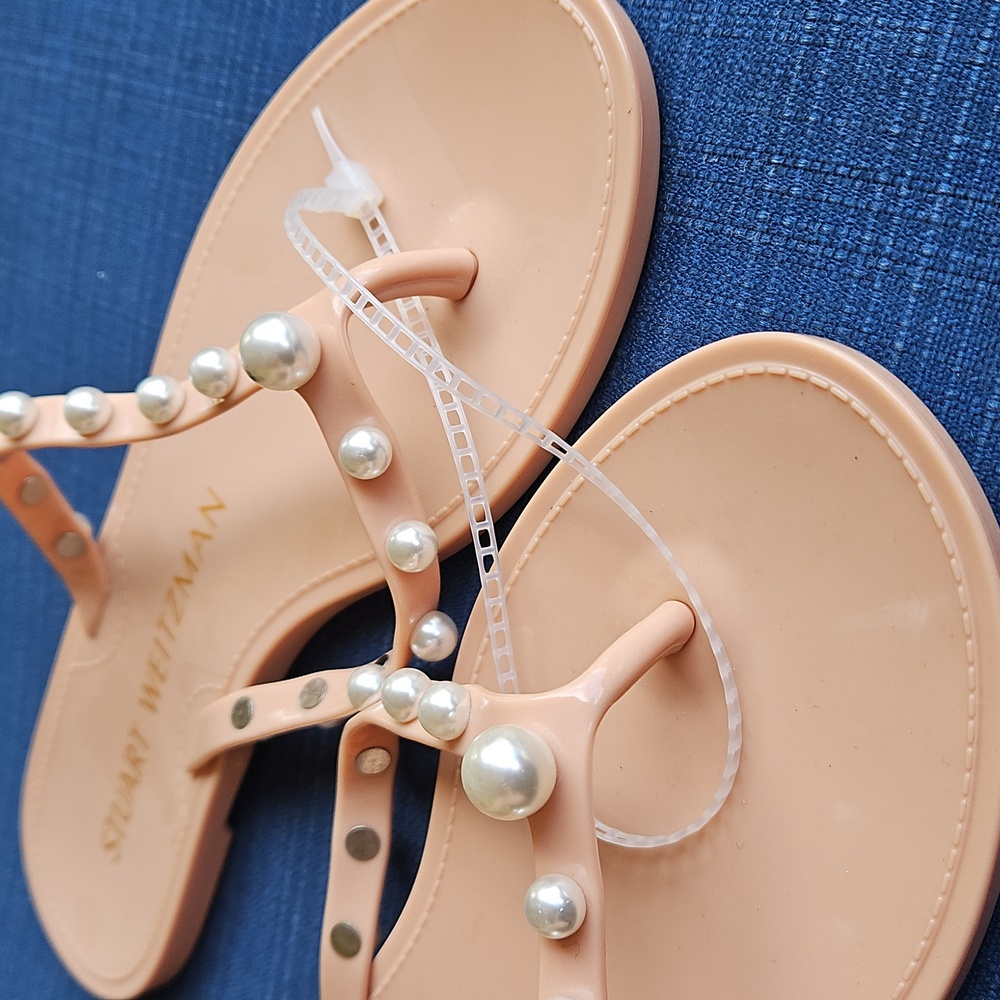 Stuart Weitzman Goldie Pearl Embellished Jelly Thong Sandals Flip-Flop Pink 5